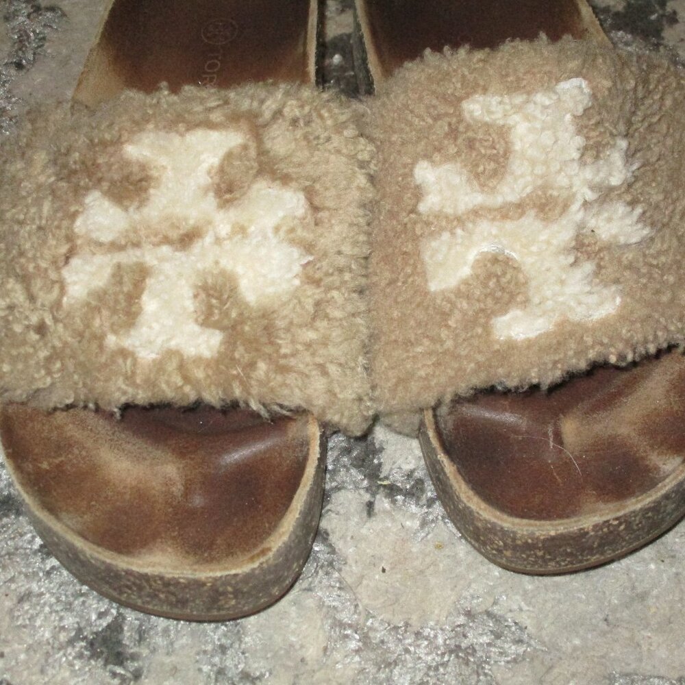 TORY BURCH #86711 Double T Shearling Flatform Cork Slide Sandals Almond Size 8